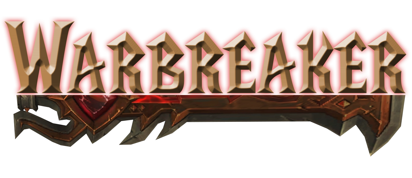 Graphic text reading 'Warbreaker' styled similar to Warcraft thematically, on top of the arms artifact Strom'Kar sword